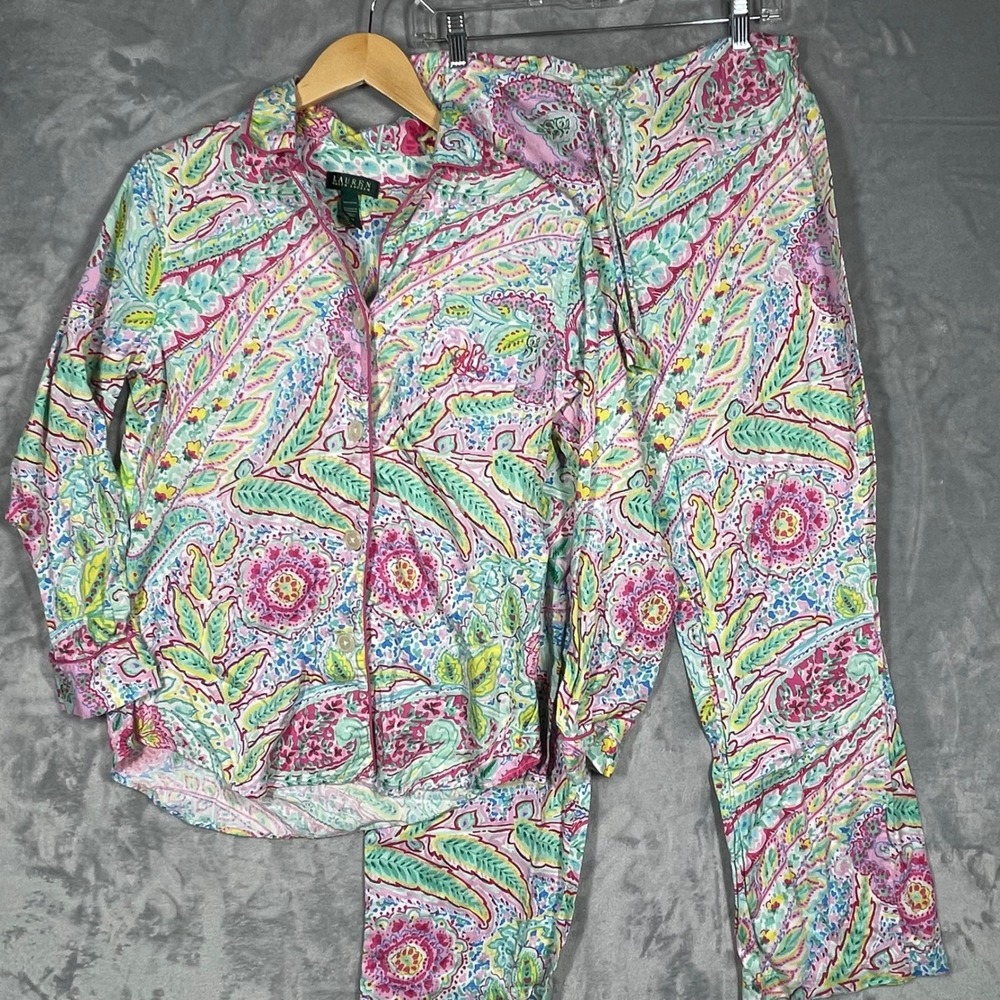 Lauren Ralph Lauren Womens Medium Pink Paisley Cotton Pajama Set Long Sleeve